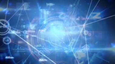 Mavi arkaplanda veri işleme animasyonu. küresel iş, finans, bağlantılar ve dijital arayüz konsepti dijital olarak oluşturulmuş video.