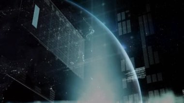 Veri işleme animasyonunun siyah arka planda dünya üzerinde gerçekleşmesi. küresel iş, veri işleme ve dijital arayüz kavramı dijital olarak oluşturulmuş video.