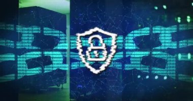 Sunucu odasında asma kilit animasyonu. küresel iş, bulut hesaplama ve dijital arayüz konsepti dijital olarak oluşturulmuş video.