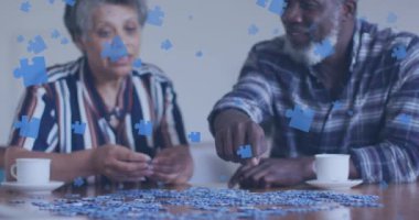 Yaşlı Afro-Amerikan çiftlerin konuşmaları üzerine yapboz animasyonu. Huzurevi takılma ve dijital arayüz konsepti dijital olarak oluşturulmuş video.