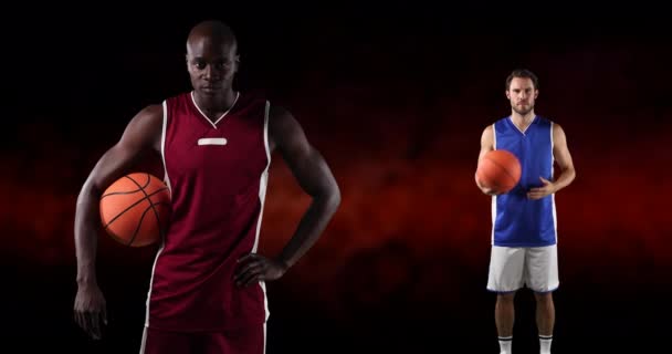 Animáció Különböző Kosárlabda Játékosok Fekete Háttér Globális Sport Fitness Koncepció — Stock videók