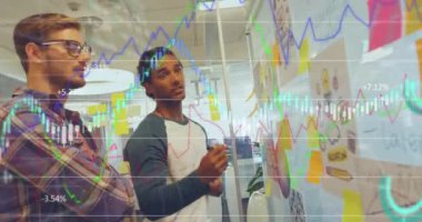 Animation of graphs over diverse male workers brainstorming. economy, finance, business and technology concept digitally generated video.