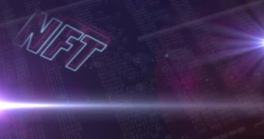 Siyah zemin üzerinde veri işleme karşı neon nft metin afişi üzerine ışık lekesi. Kripto para birimi ve teknoloji kavramı
