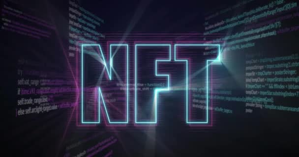 Digital Animation Neon Nft Text Banner Data Processing Black Background — Stock Video