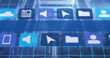 Sunucu odasında ortam simgelerinin canlandırılması. Sosyal medya ve iletişim arayüzü kavramı dijital olarak oluşturulmuş video.