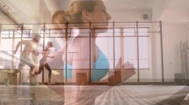 Animation of caucasian woman running over diverse people exercising at gym. global sport and fitness concept digitally generated video.