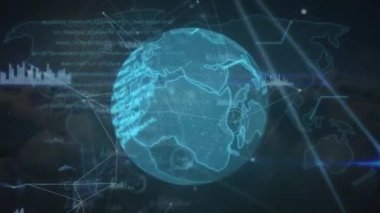 Dünya 'nın animasyonu, bağlantılar ağı ve kara arka planda veri işleme. küresel teknoloji, bağlantılar ve dijital arayüz konsepti dijital olarak oluşturulmuş video.