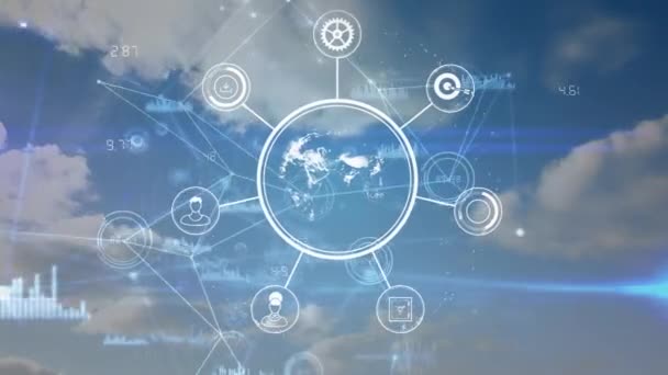 Animação Rede Conexões Ícones Sobre Céu Com Nuvens Tecnologia Global — Vídeo de Stock