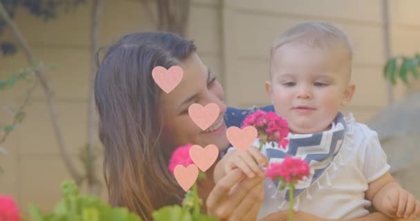 Animation Hearts Happy Caucasian Mother Holding Baby Family Relationship Spending — 图库视频影像