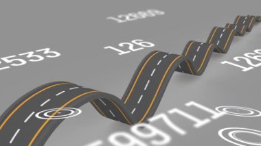 Gri arkaplandaki yol üzerindeki bağlantıların ve koordinatların animasyonu. Ulaşım, trafik, navigasyon ve teknoloji konsepti dijital olarak oluşturuldu.