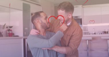 Farklı eşcinsel çiftlerin kucaklaşması üzerine kalp simgelerinin canlandırılması. gurur ayı ve dijital olarak oluşturulan kutlama konsepti.