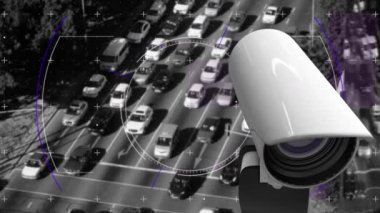 Trafik kameralarının ve kameraların animasyonu. güvenlik, güvenlik ve şehir hayatı konsepti dijital olarak oluşturulmuş video.