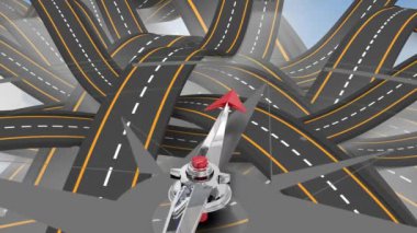 Gri arkaplandaki yollarda pusula animasyonu. Ulaşım, trafik, navigasyon ve teknoloji konsepti dijital olarak oluşturuldu.