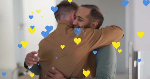 Animation Heart Icons Diverse Gay Couple Embracing Pride Month Celebration — Stock Video