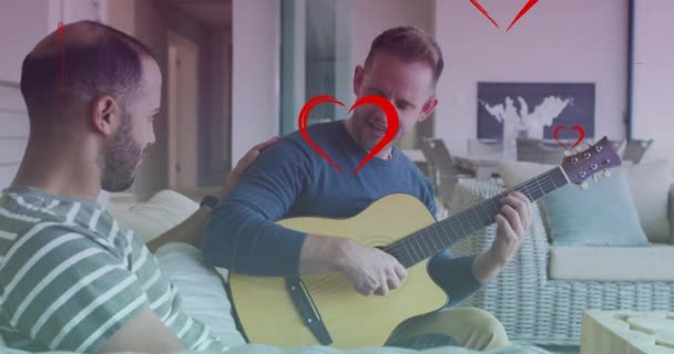 Animation Heart Icons Diverse Gay Couple Smiling Playing Guitar Pride — Stock Video