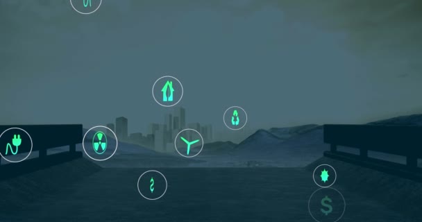 Animación Iconos Ecológicos Flotando Sobre Paisaje Urbano Ecología Energía Verde — Vídeos de Stock