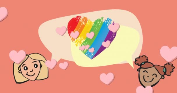 在粉红的背景上 彩虹心像和女孩的形象被动画化了 骄傲月和数字视频制作的庆祝概念 — 图库视频影像