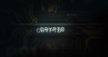 Şifreli metin, veri işleme ve bilgisayar devre kartı üzerindeki parazitin animasyonu. küresel teknoloji, bilgisayar ve dijital arayüz kavramı dijital olarak oluşturulmuş video.