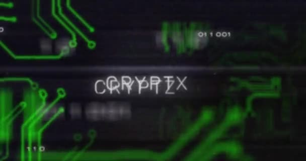 Animacja Interferencji Nad Tekstem Kryptograficznym Przetwarzaniem Danych Płytką Drukowaną Globalna — Wideo stockowe