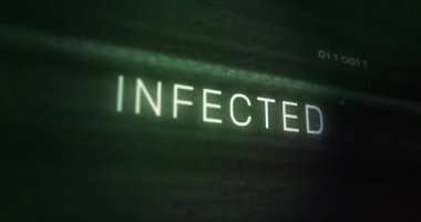 Enfekte olmuş metin, veri işleme ve bilgisayar devre kartı üzerindeki parazit. küresel teknoloji, bilgisayar ve dijital arayüz kavramı dijital olarak oluşturulmuş video.