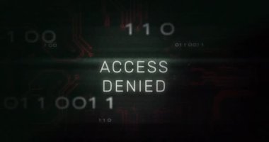 Erişimi engellenen metin, veri işleme ve bilgisayar devre kartı üzerindeki parazit. küresel teknoloji, bilgisayar ve dijital arayüz kavramı dijital olarak oluşturulmuş video.