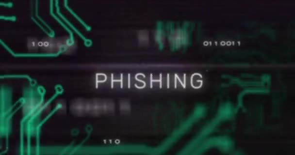 Animación Interferencia Sobre Texto Phishing Procesamiento Datos Placa Circuito Informático — Vídeos de Stock