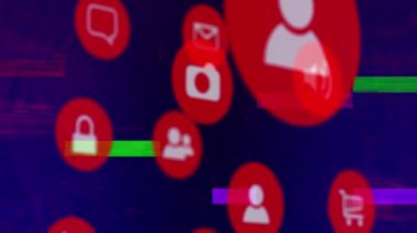 Siyah arkaplan üzerinde medya simgelerinin canlandırılması. Sosyal medya ve dijital arayüz kavramı dijital olarak oluşturulmuş video.