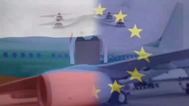 Rus bayraklarının üzerinde kutu olan insansız hava aracı animasyonu. Ukrayna krizi ve dijital arayüz konsepti dijital olarak oluşturulmuş video.