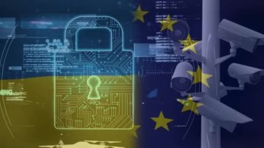 Ukrayna ve eu bayrakları üzerinde asma kilit olan İHA animasyonu. Ukrayna krizi ve dijital arayüz konsepti dijital olarak oluşturulmuş video.