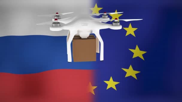Animation Drone Avec Boîte Dessus Des Drapeaux Russie Ukraine Crise — Video