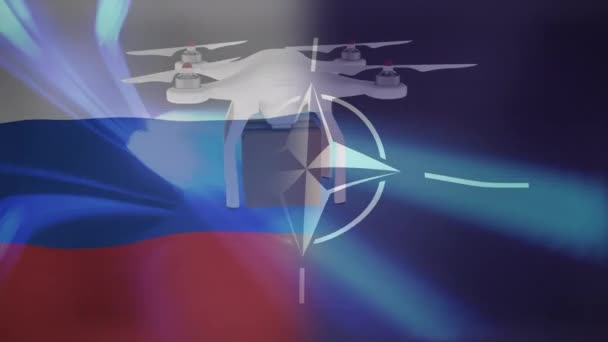 Animación Dron Con Caja Sobre Banderas Rusia Otan Crisis Ucraniana — Vídeos de Stock