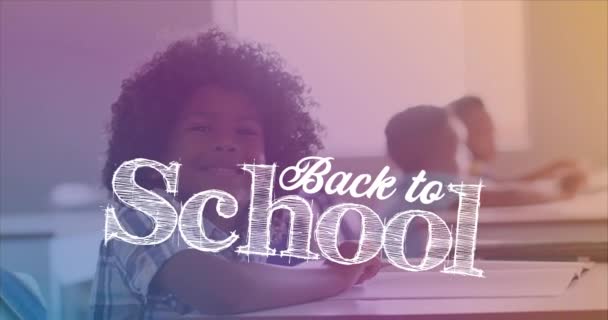 Animation Back School Happy African American Girl Sitting School Desk — ストック動画