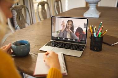 Çok ırklı iş kadınları ofiste laptopla çalışmayı tartışıyor. değiştirilmemiş, çevrimiçi, kablosuz teknoloji, video konferansı, tartışma, internet, iş dünyası, takım çalışması.