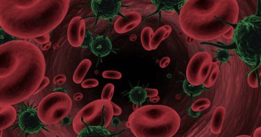Dijital olarak oluşturulan virüs hücreleri ve kırmızı kan hücreleri arter akan Close-Up