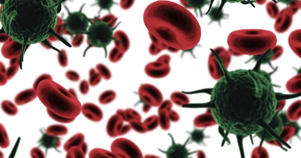 デジタル生成ウイルスの細胞と白の背景に赤い血球のクローズ アップ — ストック写真