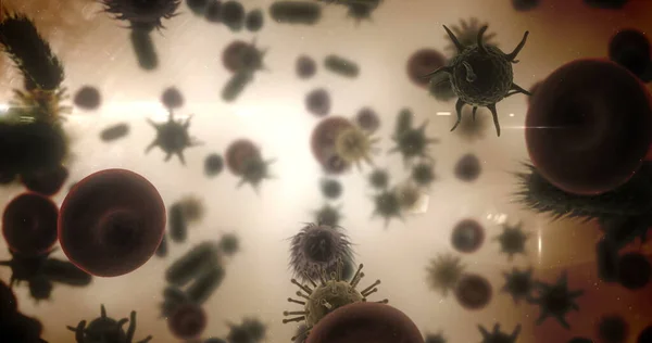 Närbild Digitalt Genererade Virus Celler Röda Blodkroppar Och Bakterier Mot — Stockfoto