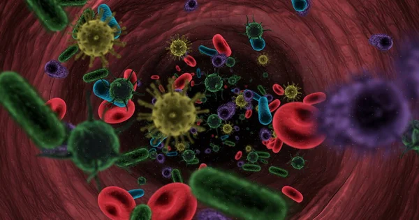 Крупный План Цифровых Вирусных Клеток Эритроцитов Бактерий Протекающих Через Артерию — стоковое фото