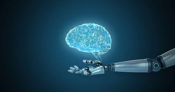 Digitally generated robotic hand presenting digital human brain