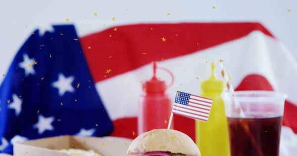 Image Dust Floating Burger Drinks Flag Usa American Cuisine Fast — Stock Photo, Image