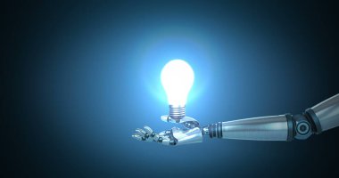 Mavi arkaplana karşı aydınlatılmış ampulü gösteren dijital robot el görüntüsü