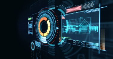 Dijital olarak oluşturulan bina tel kafes ve dairesel desen siyah arka plan
