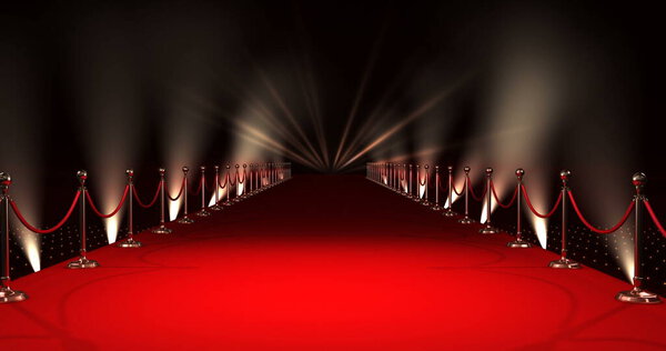 Цифровое изображение длинной красной дорожки с прожекторами на красном фоне