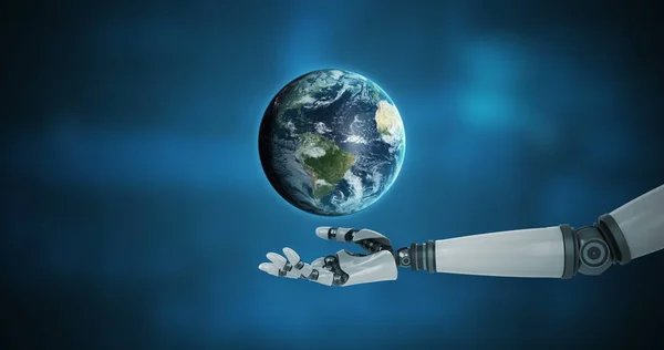 Digitally generated robotic hand presenting digital globe