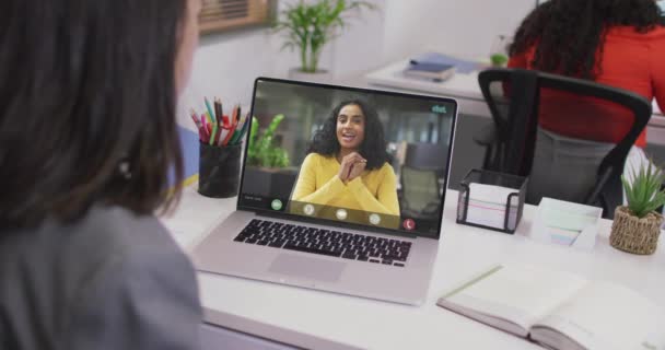 Biracial Business Woman Using Laptop Video Call Biracial Business Fellow — Stock video