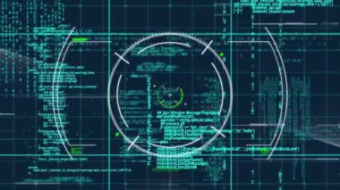 Kapsamlı tarama ve kara arkaplanda veri işleme animasyonu. küresel veri işleme ve hesaplama kavramı dijital olarak oluşturulmuş video.