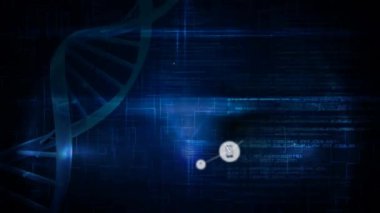 Siyah arkaplan üzerinde dönen DNA iplikçikleri üzerinde ikonlarla bağlantı ağının animasyonu. küresel veri işleme ve hesaplama kavramı dijital olarak oluşturulmuş video.