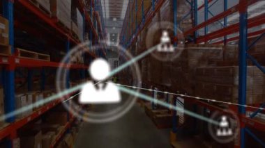 Depodaki Kafkasyalı işçilerle olan bağlantıların animasyonu. küresel sevkiyat, dağıtım ve bağlantılar konsepti dijital olarak oluşturulmuş video.