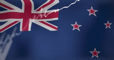 Yeni Zelanda bayrağı üzerinde veri işleme animasyonu. Dünyanın bayrakları ve dijital arayüz konsepti dijital olarak oluşturulmuş video.