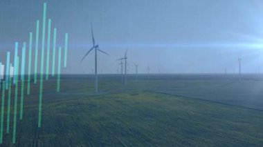Rüzgar türbinleri üzerinde veri işleme animasyonu. küresel iş ve dijital arayüz kavramı dijital olarak oluşturulmuş video.