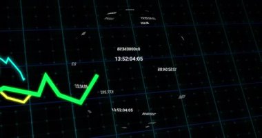 Siyah arkaplanda küre ve grafiklerin animasyonu. veri işleme, küresel ağ ve teknoloji konsepti dijital olarak oluşturulmuş video.